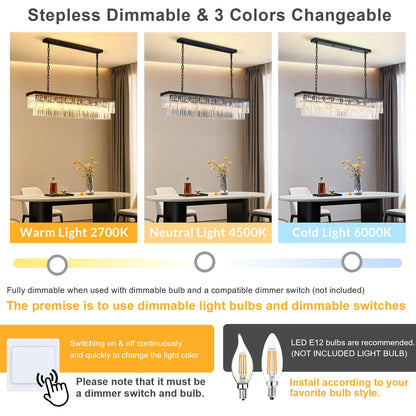 NOXARTE Rectangle Chandeliers for Dining Room, Modern Rectangular Crystal Chandelier Black 8 Lights Pendant Fixture for Kitchen Island Bar Living Room L47 Inch