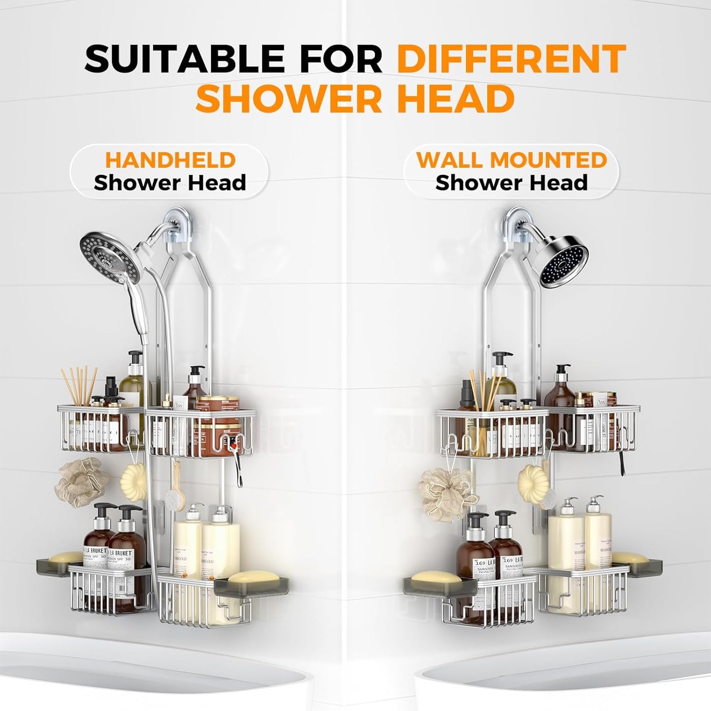 Reinhardt Aluminum Shower Caddy - Rustproof Adjustable Hanging Organizer with Hooks | Silver Finish