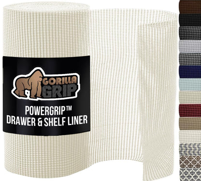 GORILLA GRIP powerGRIP Drawer Shelf and Cabinet Liner, Thick Strong Hold, Non-Adhesive Liners Protect Kitchen Cabinets and Cupboard, Bathroom Drawers, Easy Install, Breathable Mat, 12" x20' Snow White