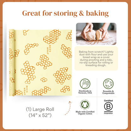 Bee's Wrap Beeswax Wraps for Food - Cut to Size 14x52" Beeswax Wrap Roll - Plastic Free Made in USA Reusable Natural Food Wrap - Honeycomb