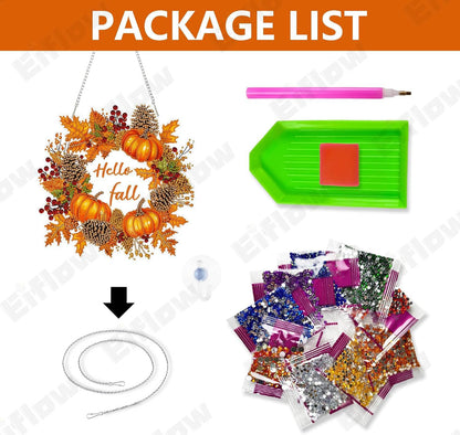 Eiflow Fall Diamond Art Hanging Kit for Adult Pumpkin Wreath, DIY Acrylic Diamonds Painting Ornament Double Sided Pendant Board Kit(Hello Fall)