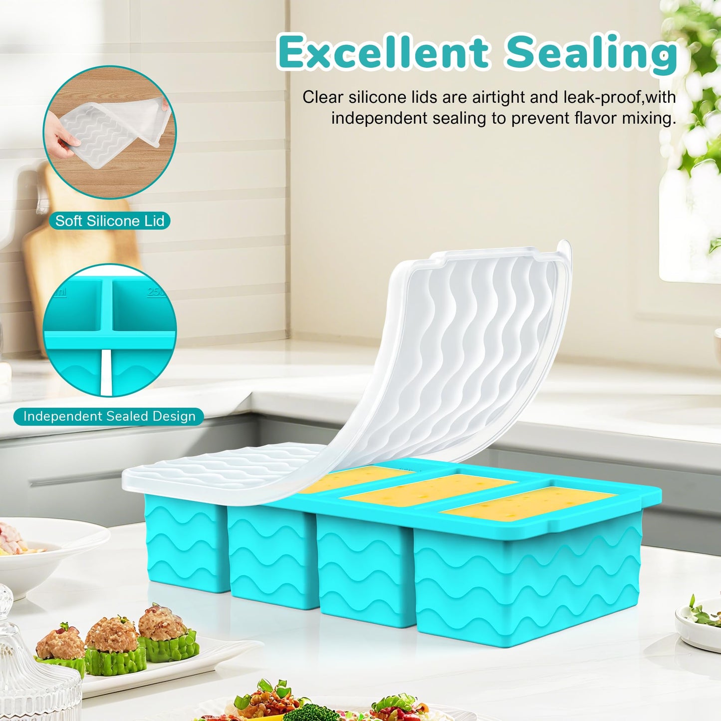 Silicone Freezer Trays with Lid (4-Pack), 1-Cup, 2-Cup, 1/2-Cup & 2-Tbsp Silicone Freezer Molds, Stackable Soup Freezer Meal Prep Containers,Ice Cube Tray for Making Sauce,Smoothies,Yogurt Bites