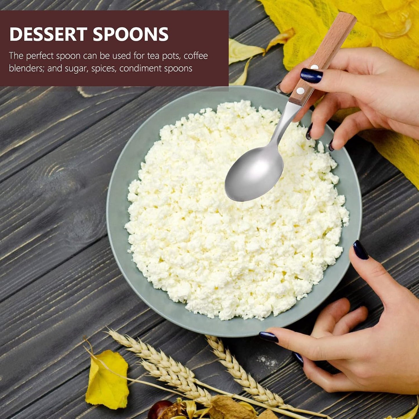 Hemoton 5pcs Stainless Steel Dessert Spoons, Wood Handle Tea Spoons, Ice Cream Cake Tasting Spoon, Dinner Spoon for