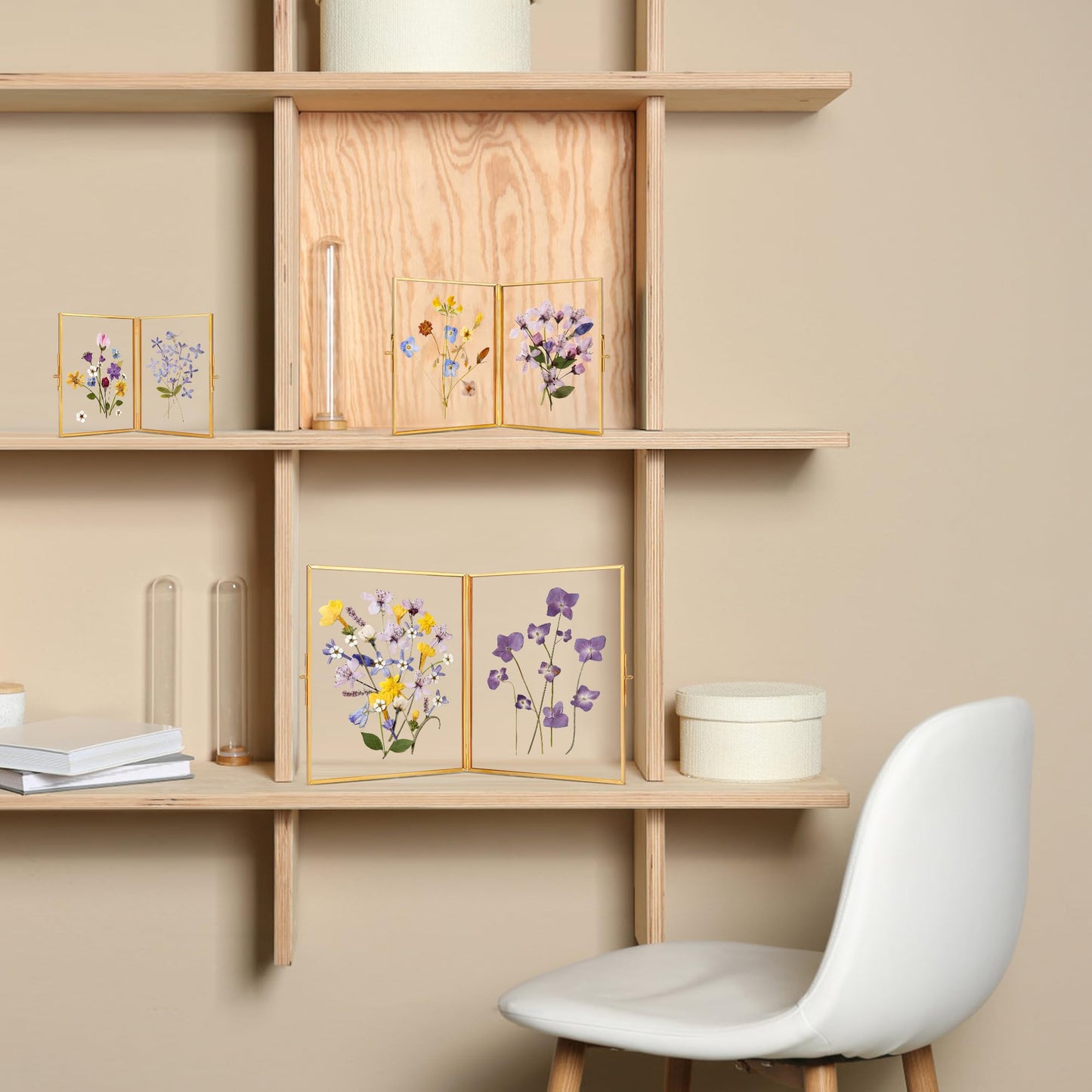 REDHUGO Glass Pressed Flower Frame Handmade, Hinged Double Press Flower Frame, Tabletop Brass Photo Frames, Rectangle Dried Flowers Display Folding Frames for Home, Gold,4×6 Inches