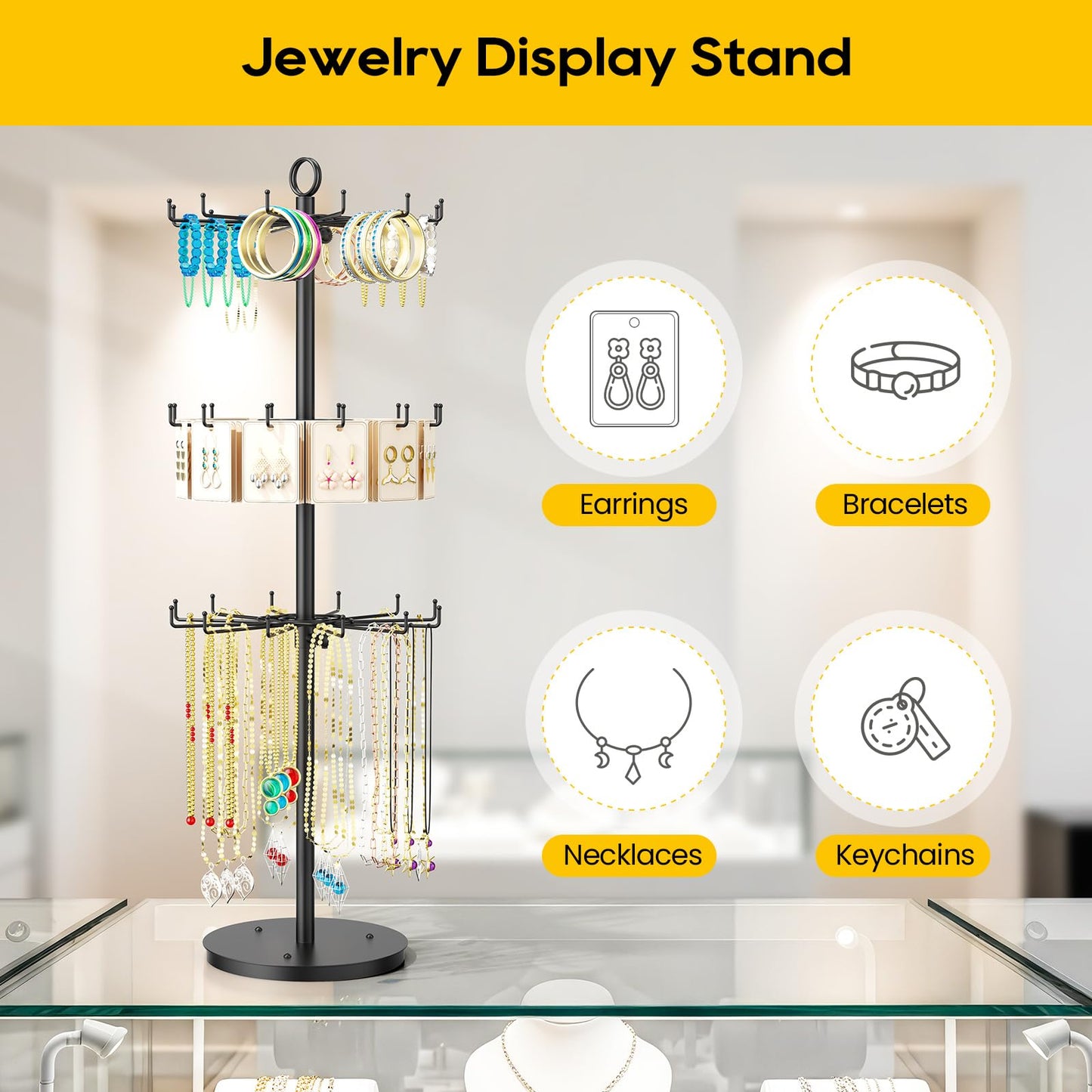 ORLESS 3 Tier Rotating Jewelry Display Stand, Keychain Display Stand with 36 Hooks, Black Metal Retail Display Spinning Holder for Vendor, Spinning Display Rack for Necklace Bracelet Earring Organizer