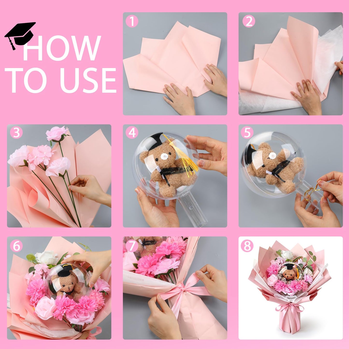 Soulchen Graduation Money Flower Bouquet Kit for DIY Handmade Graduations Balloon Bouquet Artificial Flower Gift for School, College Grad Ceremony for Her Him Grad Party Gifts Favors(Cute,Pink)