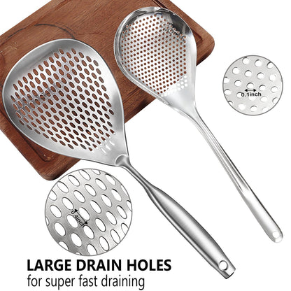 KAYCROWN Skimmer Slotted Spoon, 2 Pack Stainless Steel Pasta Spider Strainer Ladle for Frying and Cooking, Frying Strainer Spoon, Kitchen Cooking Skimmer Colander