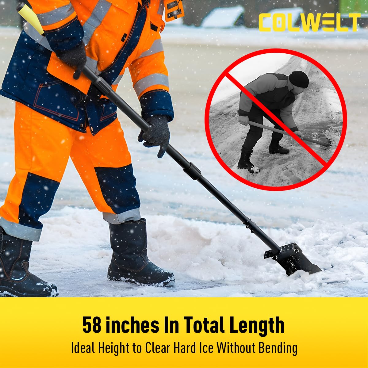 Colwelt Metal Snow Shovel 58’’, Heavy Duty Ice Scraper for Driveway, Snow Ice Chopper Shoveling Tool with Thickened Blade, Ice Shovel for Sidewalk Ice Removal, Flat Shovel Floor Cleaning Scraper