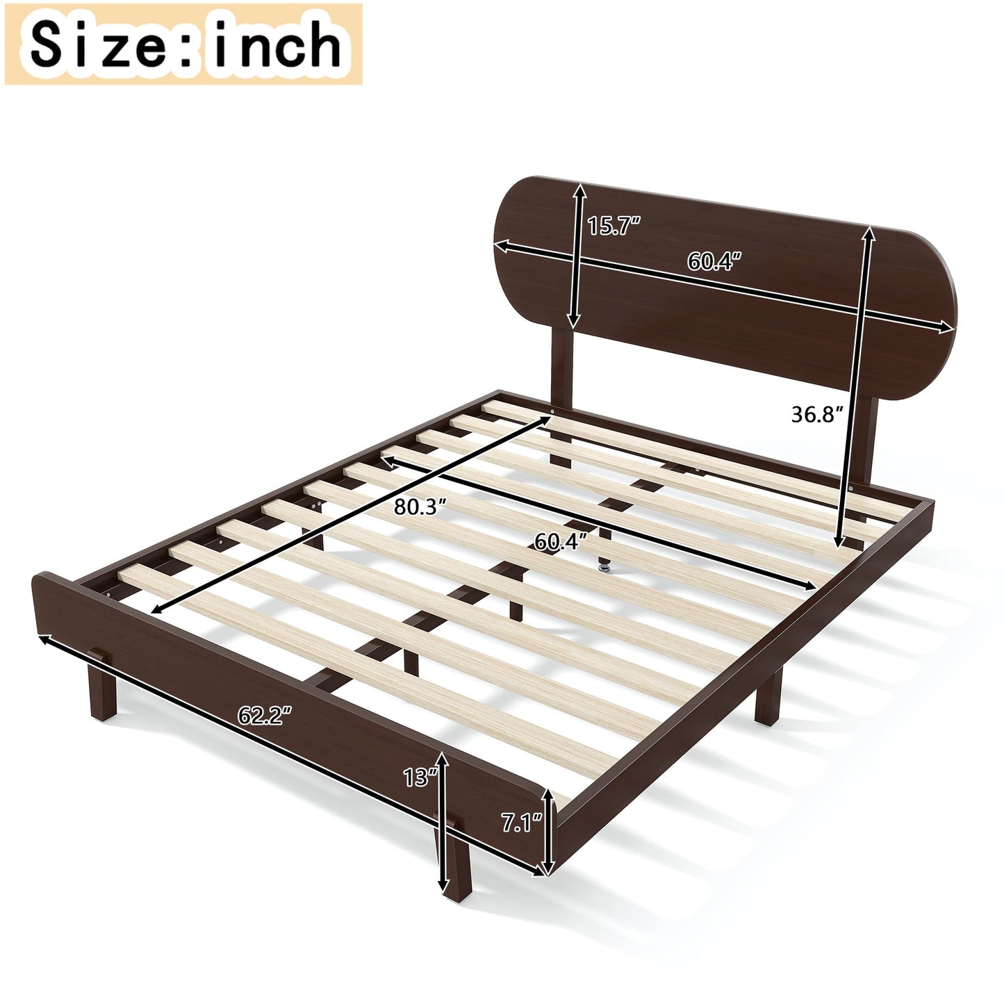 KEIKI Queen Size Bamboo Platform Bed with Round Shape Headboard, Mid-Century Modern Floating Bed Frame with Solid Support Slats, No Box Spring Needed, Easy Assembly, Noise Free, for Bedroom, Espresso