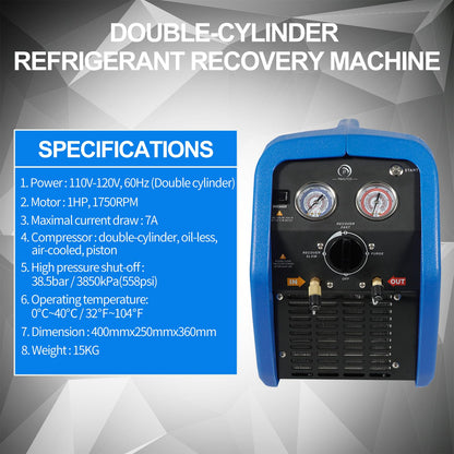 P PBAUTOS 1HP R1234YF R32 Refrigerant Recovery Machine, Oil-Less Dual Cylinder Portable Freon Recycling Unit 110V-120V for Automotive AC & Household HVAC Systems