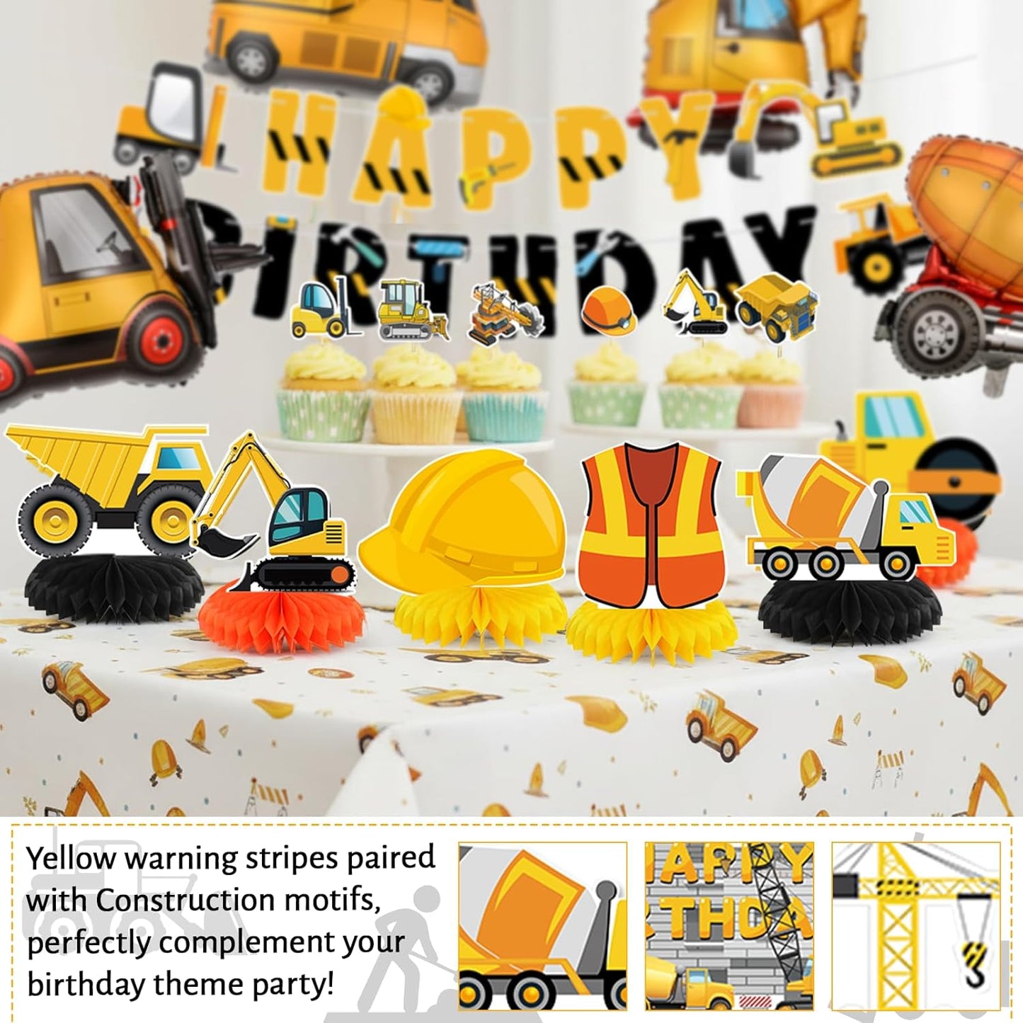 Set 4 Construction Birthday Party Supplies for Boy Birthday Decorations with Foil Truck Balloons Happy Birthday Banner