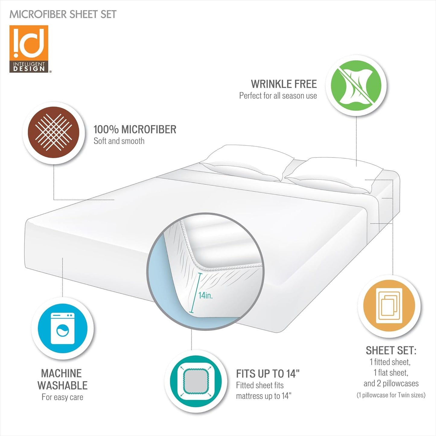 Intelligent Design Microfiber Bed Sheet Set, Wrinkle Resistant, Soft Sheets with 12" Pocket, Queen, Charcoal, 4 Piece