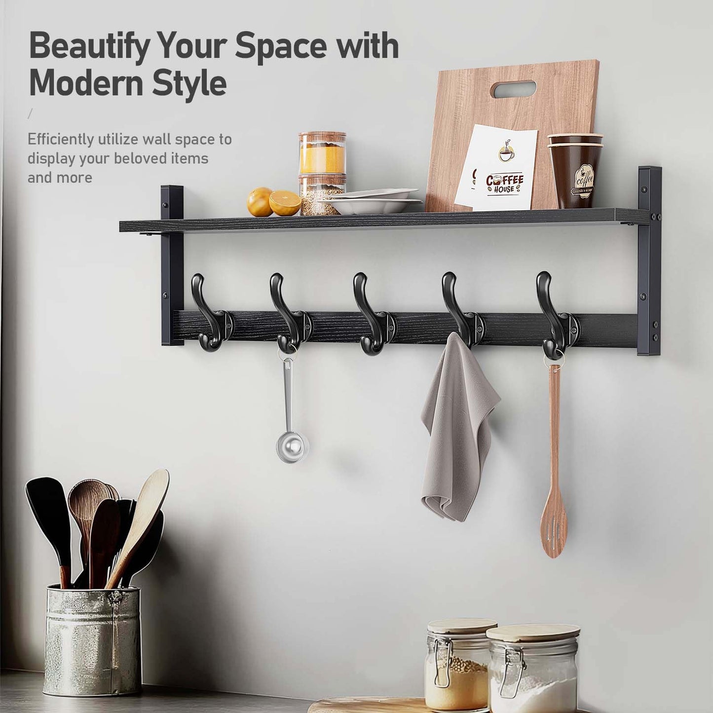 Tatub 29" Rustic Coat Rack Wall Mount with Shelf, Entryway Wall Hooks with Shelf, Coat Hangers for Bathroom, Living Room, Bedroom, Black