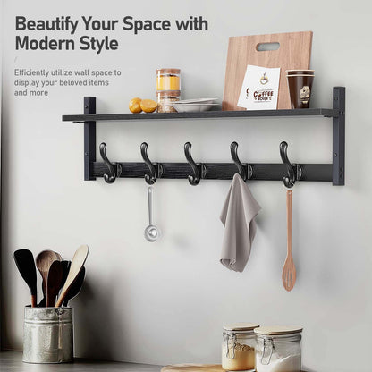 Tatub 29" Rustic Coat Rack Wall Mount with Shelf, Entryway Wall Hooks with Shelf, Coat Hangers for Bathroom, Living Room, Bedroom, Black