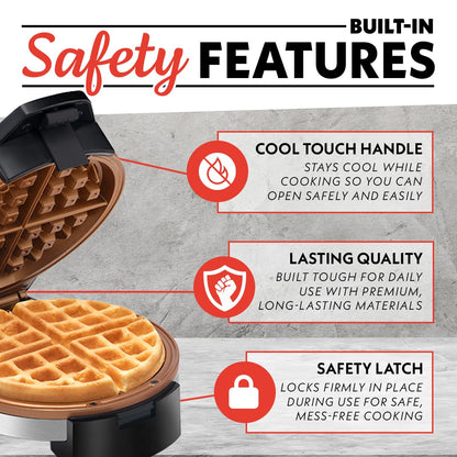 Gourmia Belgian Waffle Maker – Compact Design with Upright Storage, Adjustable Browning, and Easy-Clean Nonstick Ceramic Plates, Stainless Steel