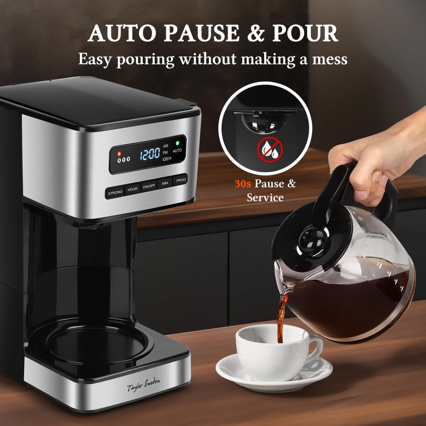 Taylor Swoden Programmable Coffee Makers 12 Cup, Hot and Iced Coffee Maker, 4 Brew Strength, LED Display, 24H Timer, Keep Warm&Auto Shutoff- Drip Coffee Machine for Home/Office, Black &Stainless Steel