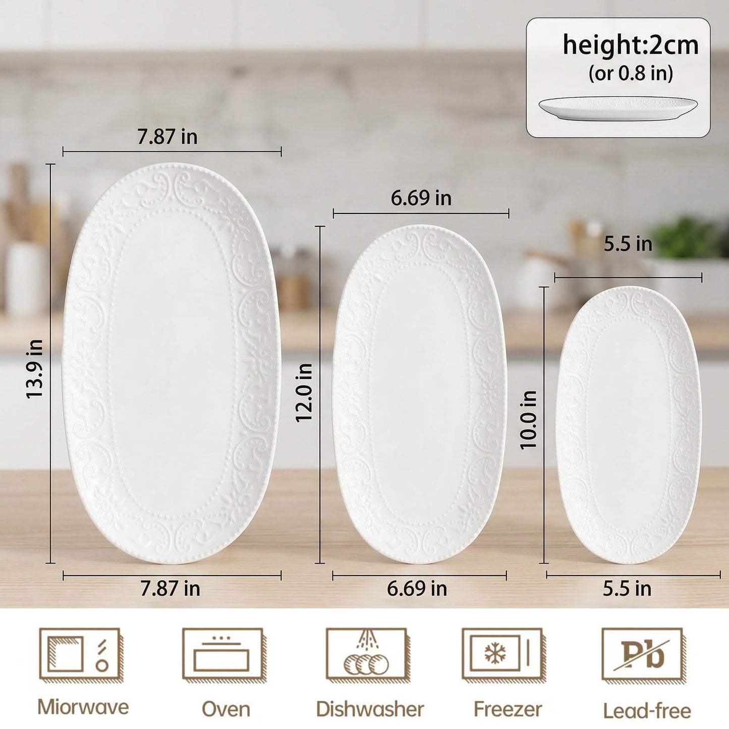Oval Serving Platter, 14"/12"/10" Ceramic Serving Platters, Embossed White Serving Plates, Stackable Porcelain Tray for Appetizer, Dessert, Pasta, Sushi, Oven Dishwasher Safe, Set of 3, Family Dining
