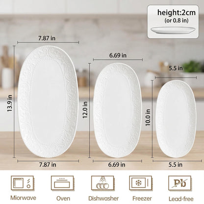 Oval Serving Platter, 14"/12"/10" Ceramic Serving Platters, Embossed White Serving Plates, Stackable Porcelain Tray for Appetizer, Dessert, Pasta, Sushi, Oven Dishwasher Safe, Set of 3, Family Dining