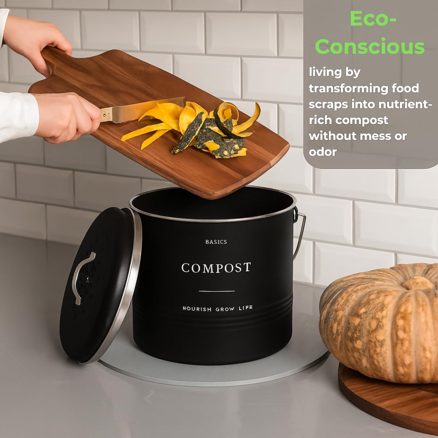 D'Lifeful Kitchen Compost Bin – 1.3 Gallon Countertop Farmhouse Compost Container with Lid – Odorless Indoor Food Scrap Pail with 6 Charcoal Filters – Eco-Conscious and Easy to Clean (Black)