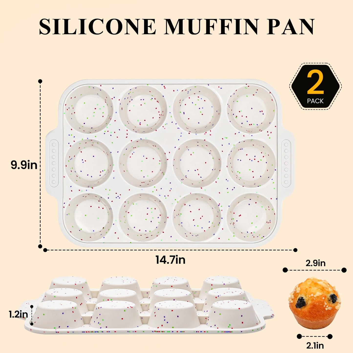 Vinino 2-Pack Silicone Muffin Pan for Baking with Metal Reinforced Frame, 12 Cups Regular Size Silicone Cupcake Pan with Non-Slip Handle, Nonstick Muffin Tray for Oven, BPA Free, Dishwasher Safe