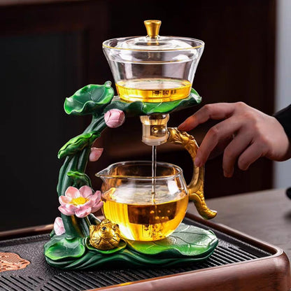 Glass Teapot with Infuser Chinese Gongfu Tea Set,6 cups,Magnetic Semi Automatic Design for Loose Leaf Tea