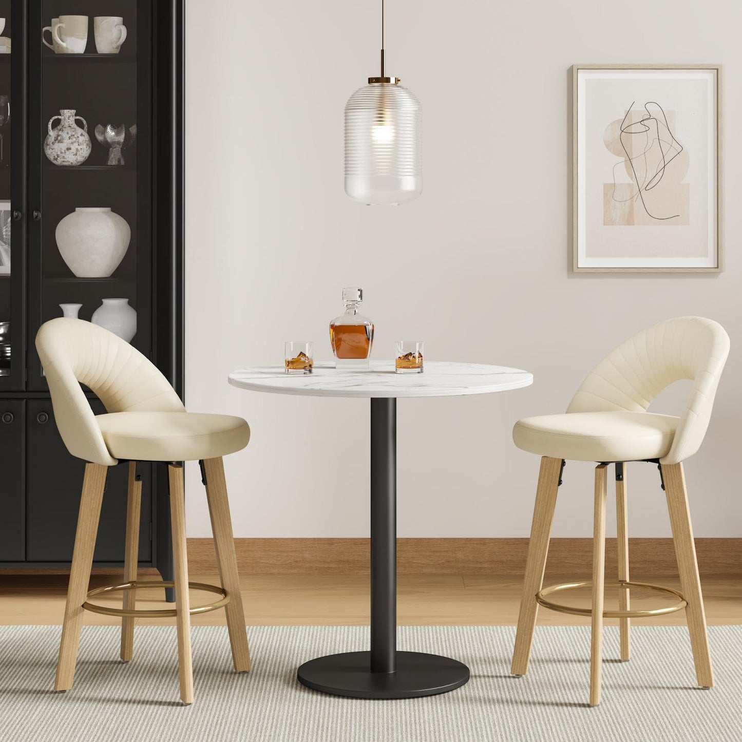 FERFALDER Bar Stools Set of 2, Swivel Counter Height Bar Stools with Bentwood Legs,Metal Footrest,Mid Century Modern Faux Leather Upholstered Counter Stools for Kitchen Island, Bar, Restaurant-Beige