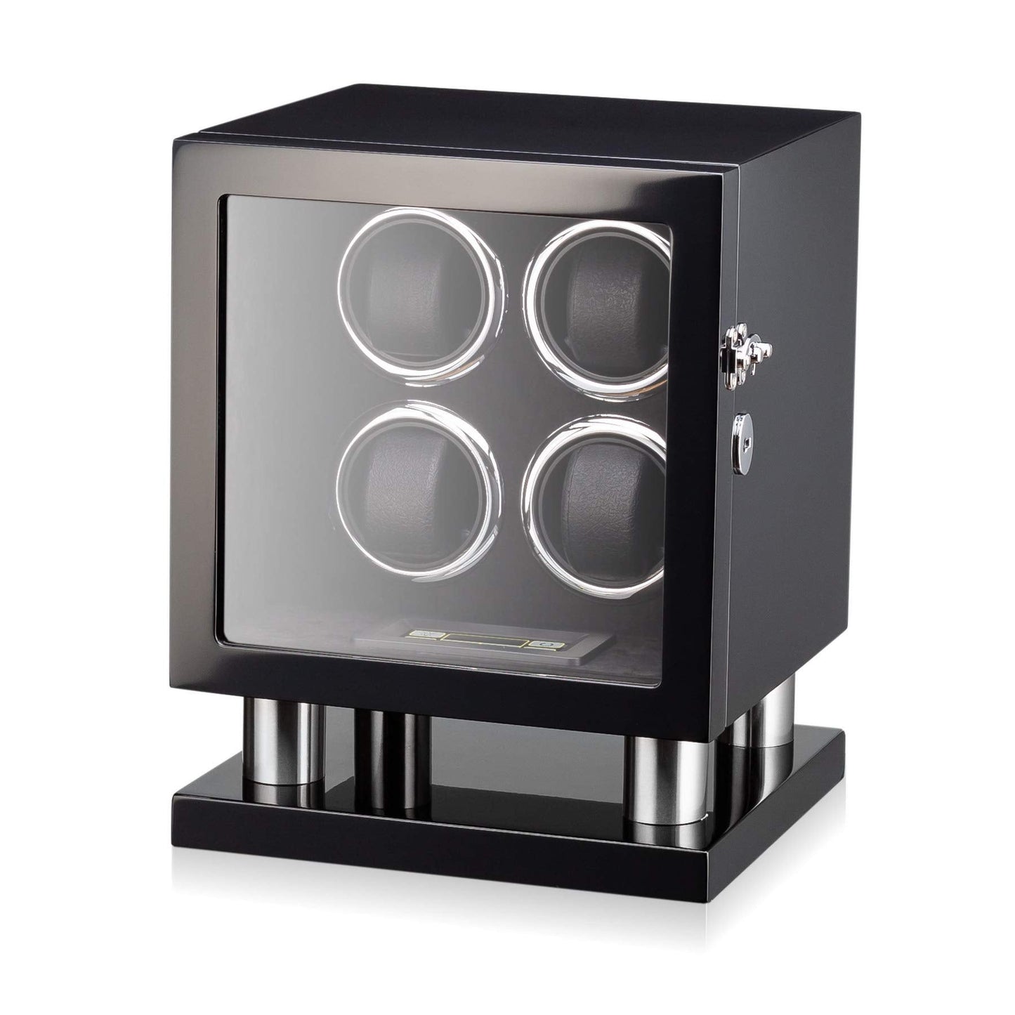 Watch Winder for 4 Watches with LED Backlight, LCD Display and Motor-Stop Option (Black & Black)