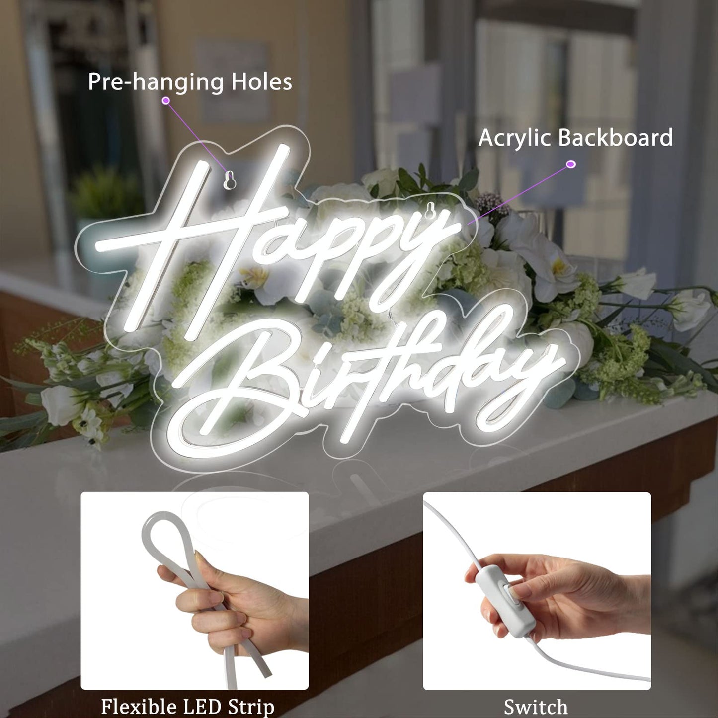 Happy Birthday Neon Sign for Wall Decor, Warm White LED Neon Light Signs, Art Decoration Happy Birthday Neon Light Sign for All Birthday Party Decoration with 2 Pcs Pasters (17×12 Inch)
