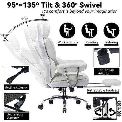 Efomao Big and Tall Office Chair 400lbs – High Back Executive Chair with Swivel Base, PU Leather Upholstery, Lumbar Pillow, Padded Armrests, and Rolling Wheels，White Computer Chair
