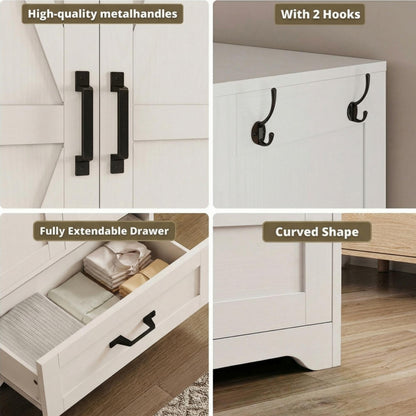 LIKIMIO 70" Tall Wardrobe Closet with Mirror, Side Shelves & Drawer, Freestanding Bedroom Armoire with Hanging Rod, X Barn Door Storage Cabinet for Bedroom, White