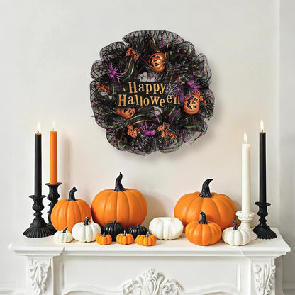 Huadanbor 24 inch Wreath, Halloween Wreath for Front Door, Halloween Spider Decor Pumpkin Skull Wreaths, Wall, Window, Garden and Offices Decor. (Black)