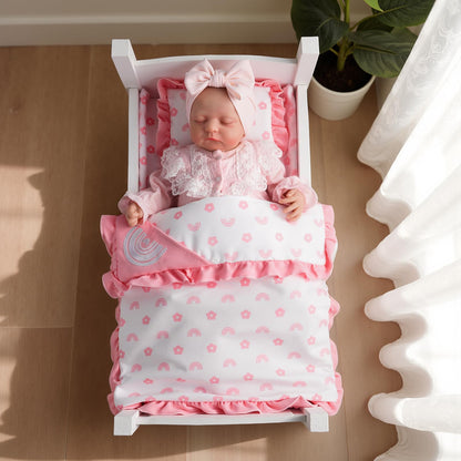 BABESIDE 4 Pcs Baby Doll Bedding Set for 17-22 Inch Babydolls, Babydoll Bed Accessories Dolls Blankets with Pillows for Reborn Baby Doll Accessories, Pink Flower & Rainbow Patterns