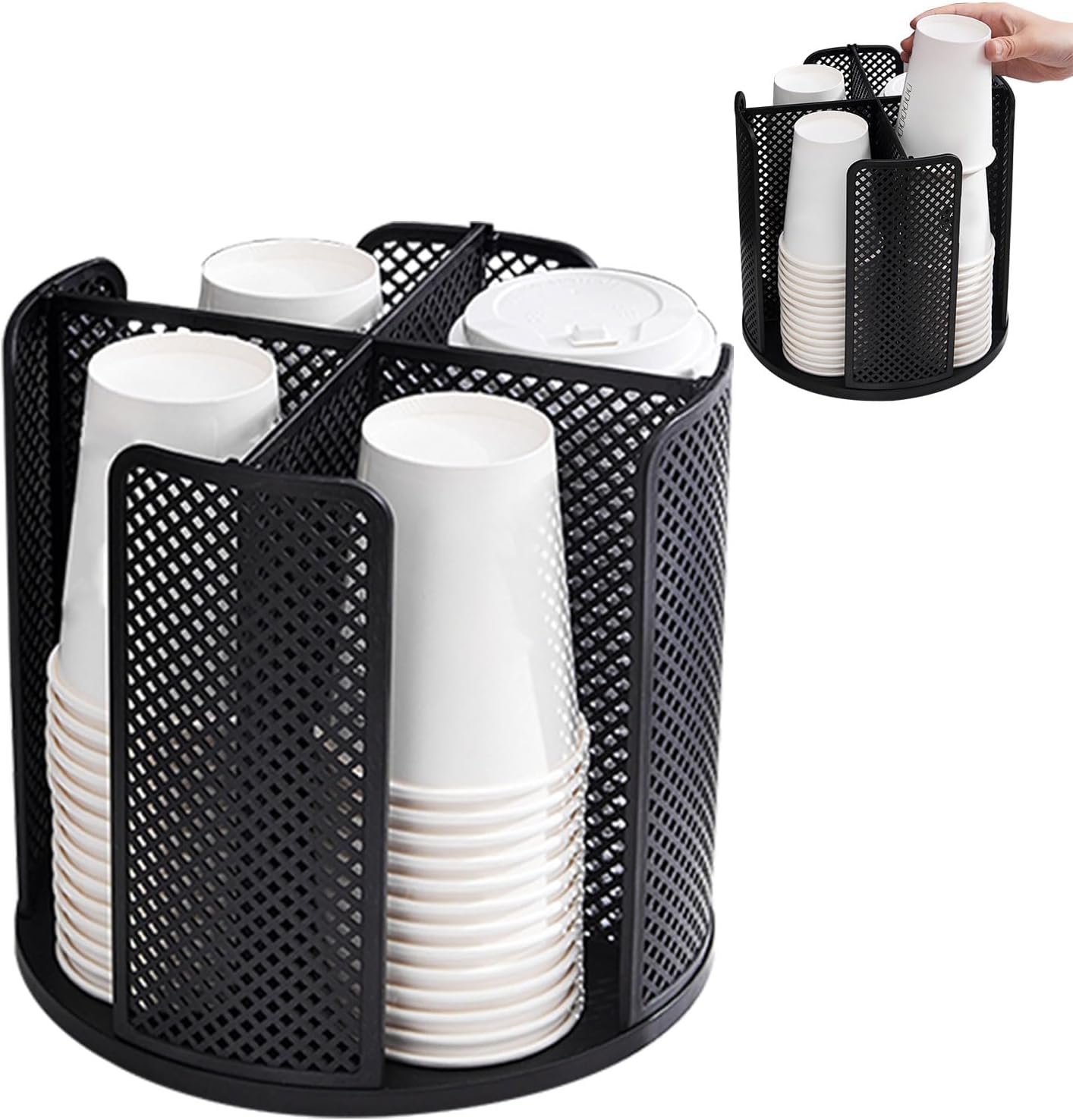 Black Rotated Cup and Lid Dispenser, Paper Cup Holder for Countertop with 4 Compartments for Coffee Station