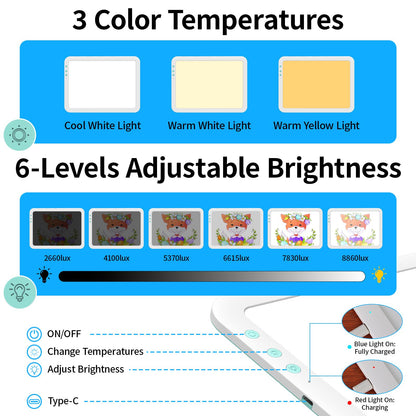 TOHETO A4 Rechargeable Led Super Bright Light Pad with Carry Bag for Weeding Vinyl Tool, Portable Wireless 3500mAh Battery Light Board/Box for Tracing, Diamond Painting, Sketching & Drawing