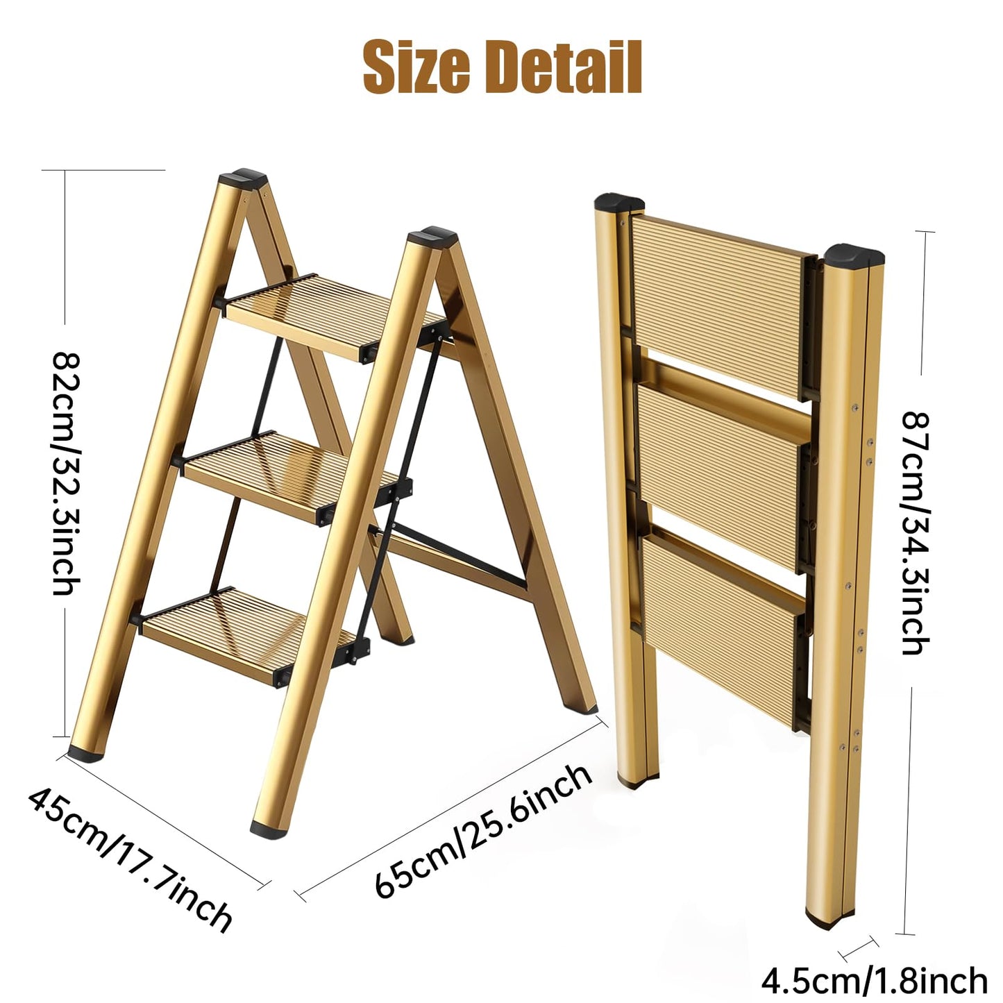 hismocal Foldable 3 Step Stool Ladder for Closet/Kitchen - Aluminium Gold Step Ladder, 330lbs Lightweight with Anti-Slip Wide Pedal, Portable for Kids/Adults