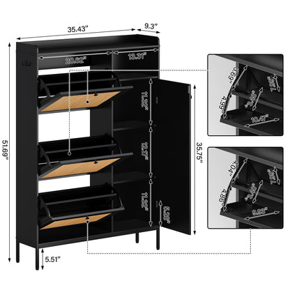 Shoe Storage Cabinet with 3 Flip-Down Doors, Rattan & Metal Frame Organizer, Adjustable Shelves, Narrow Freestanding Rack for Entryway Hallway, Tool-Free Assembly, Modern Farmhouse Decor, Black