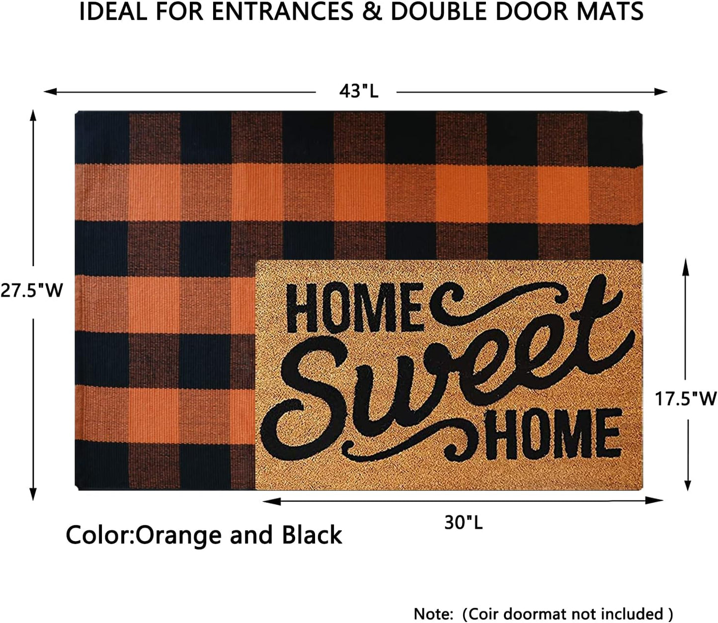MUBIN Hand-Woven Cotton Rug, 27.5 x 43 Inches, Orange and Black Plaid Fall Outdoor Decorative Mat for Porch