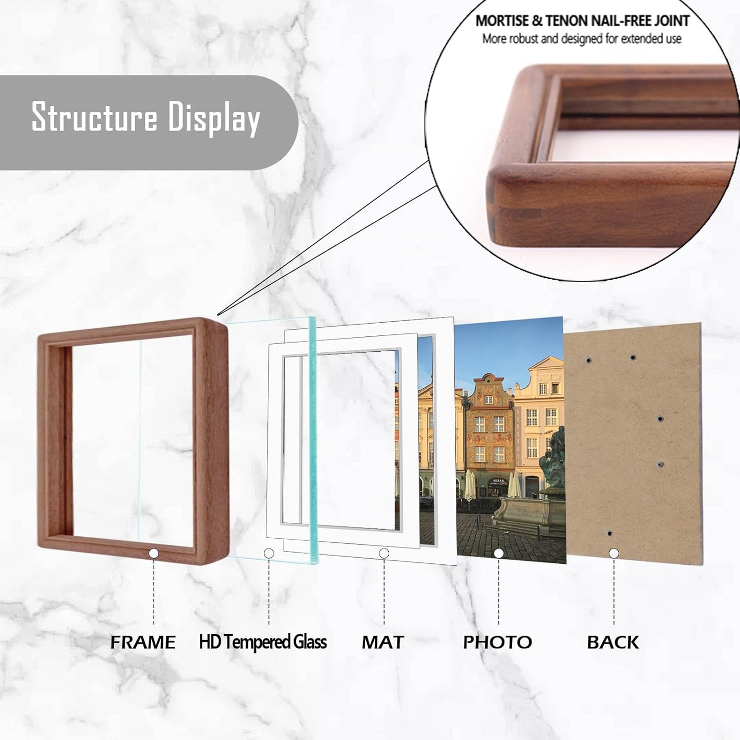 12x12 8x8 6x6 Square Walnut Wood Picture Frame with Tempered Glass Double Mat for or Photos, Handcrafted Natural Wood