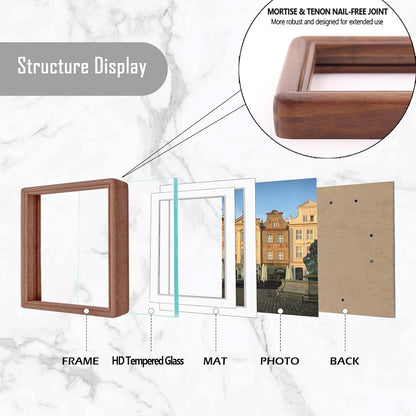 12x12 8x8 6x6 Square Walnut Wood Picture Frame with Tempered Glass Double Mat for or Photos, Handcrafted Natural Wood
