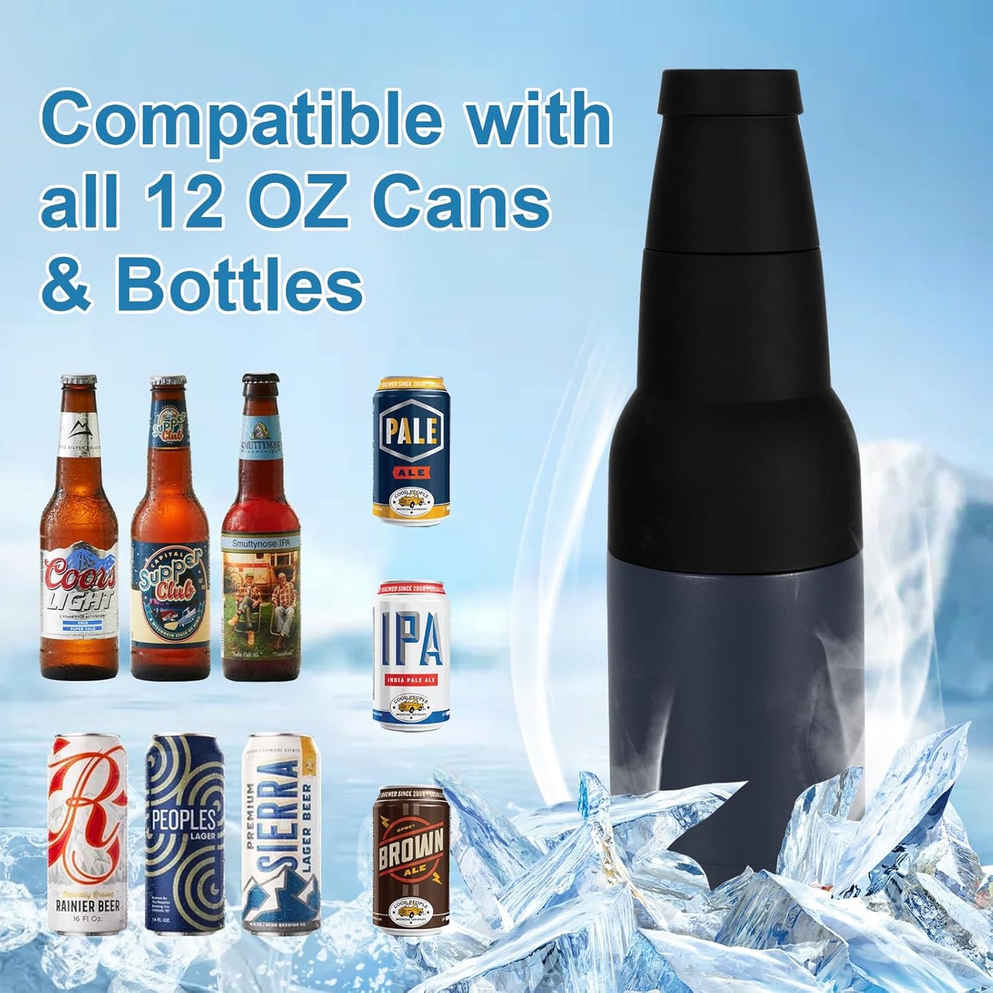 12Oz 3 1 Vacuum Insulated Double Walled Stainless Steel Beer Soda Bottle and Can Cooler with Beer Opener, in Slim Can