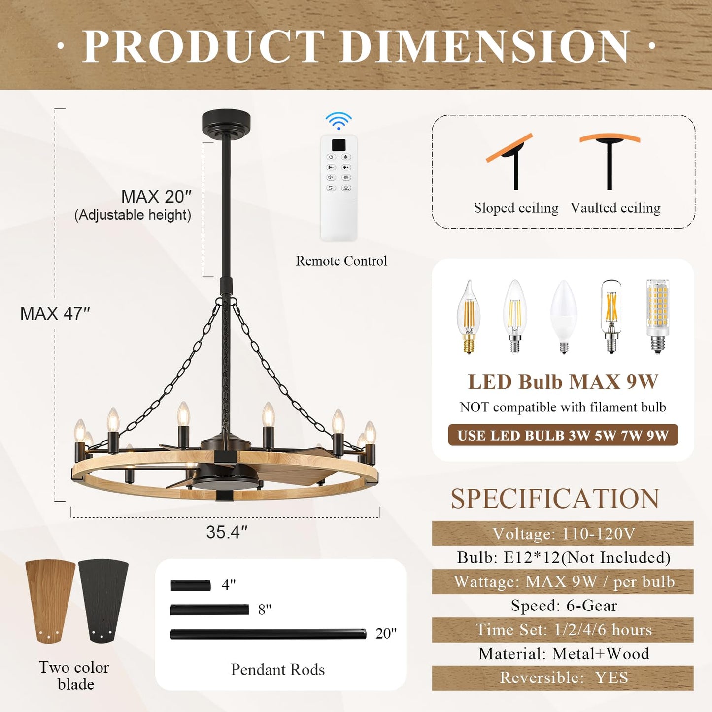 Natural Farmhouse Wood Wagon Wheel Chandelier Fans with 12 Lights and Remote, Rustic Wooden Ceiling Fan Light 36in Fandelier for Bedroom Dining Room Kitchen Living Room