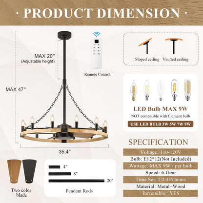 Natural Farmhouse Wood Wagon Wheel Chandelier Fans with 12 Lights and Remote, Rustic Wooden Ceiling Fan Light 36in Fandelier for Bedroom Dining Room Kitchen Living Room