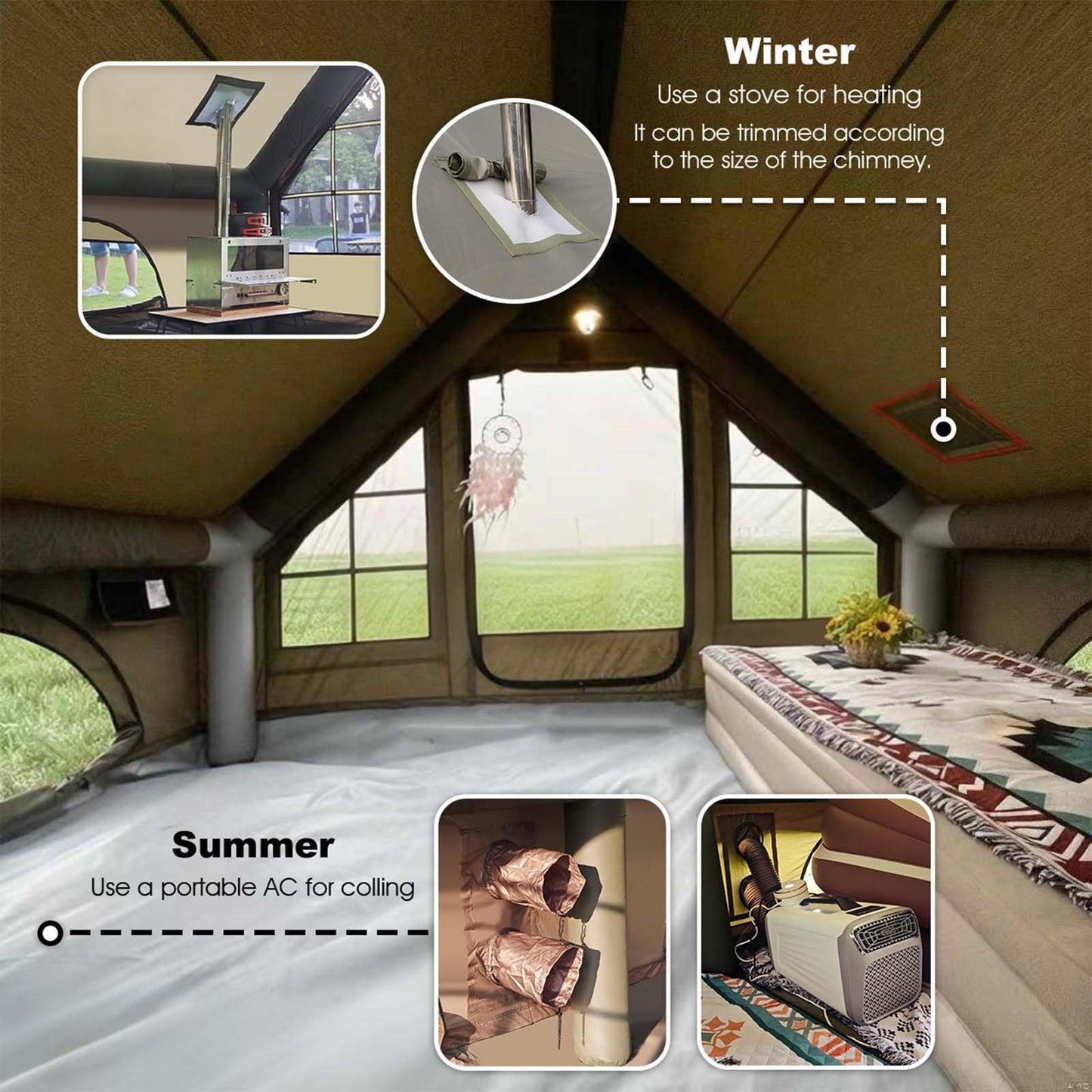 13' x 10' Inflatable Camping Tent for 8-10 Person, 4 Season Blow Up Tents with Waterproof pad, Easy Set-Up Glamping Inflatable Hot Tent with Stove Jack for Camping Adult