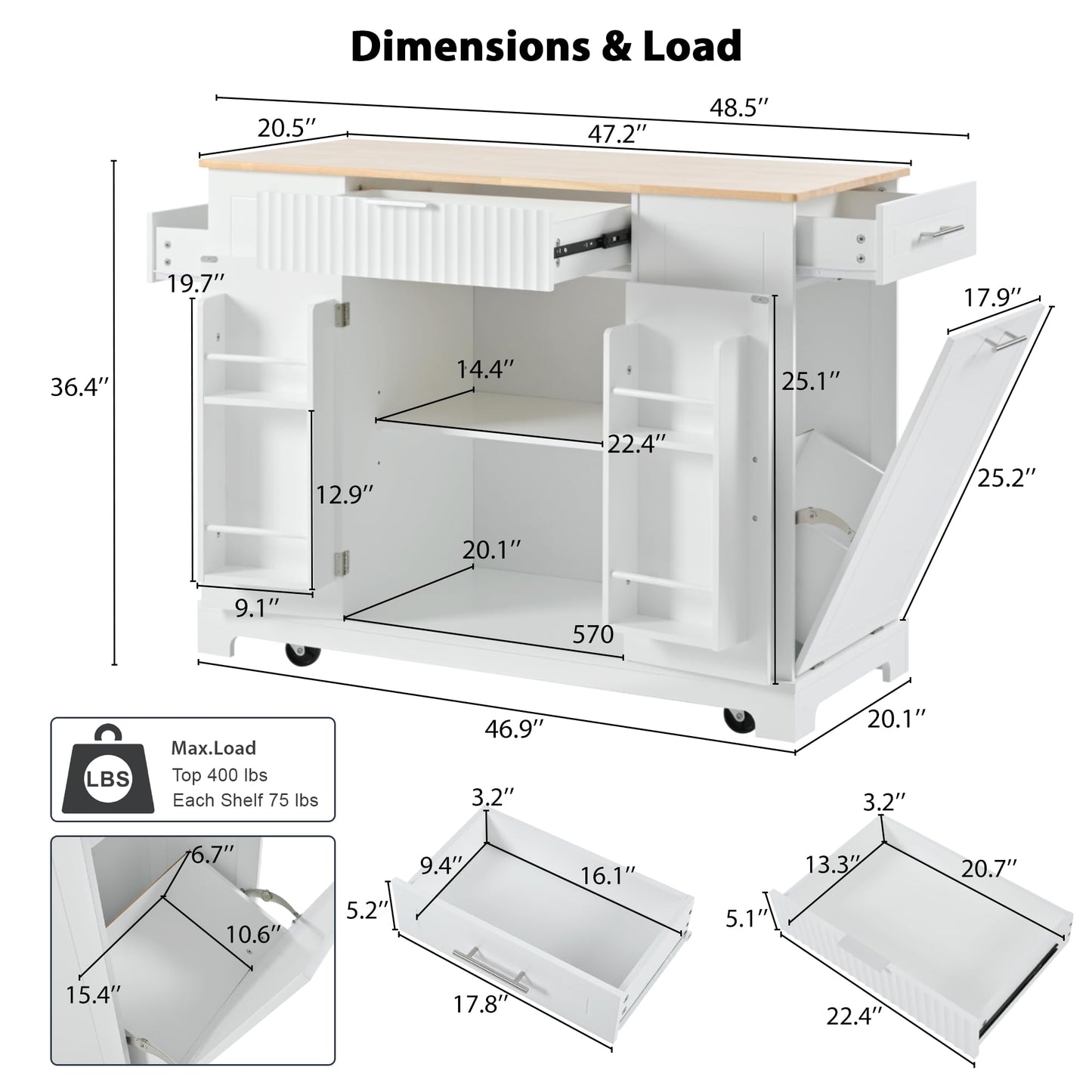 Ball & Cast Fluted Kitchen Island with Trash Can Storage Cabinet,Power Outlet,Internal Storage Rack,Rolling Kitchen Islands On 5 Wheels W/ 3 Drawer & 3 Open Side Racks for 10 Gallon Garbage Bin,White