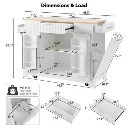 Ball & Cast Fluted Kitchen Island with Trash Can Storage Cabinet,Power Outlet,Internal Storage Rack,Rolling Kitchen Islands On 5 Wheels W/ 3 Drawer & 3 Open Side Racks for 10 Gallon Garbage Bin,White