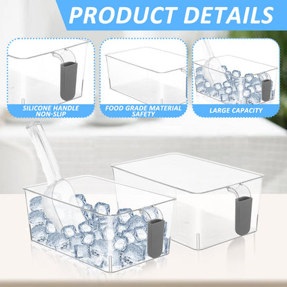 2 Set Ice Storage Bins for Freezer with Lid and Flexible Scoop, Transparent Plastic Ice Container with Pull-Out Handle Kitchen Food Storage Organizer for Home Office Fridge Kitchen