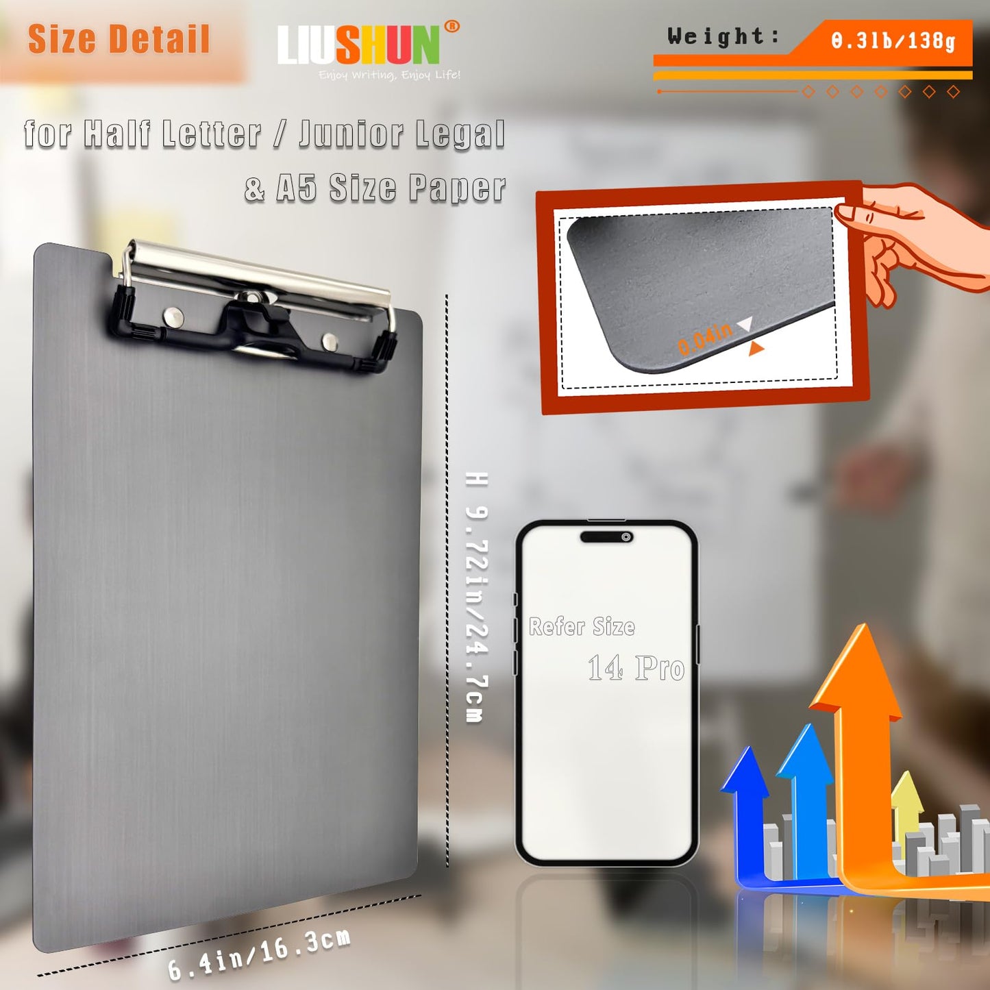 Small Aluminum Clipboard Metal A5 w/Stainless Hangable Pen Holder Low Profile Clip Board 9" x 6" Memo Message Half Letter for School Office Business Medical Workshop Factory Supplies (Grey, A5)
