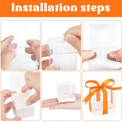 Hxezoc 50 Pack Favor Boxes 2x2x2 Inches Clear Candy Treat Boxes with Orange Ribbons, Mini Plastic Gift for Wedding, Birthday Party, Baby Shower, Classroom Decoration Supplies