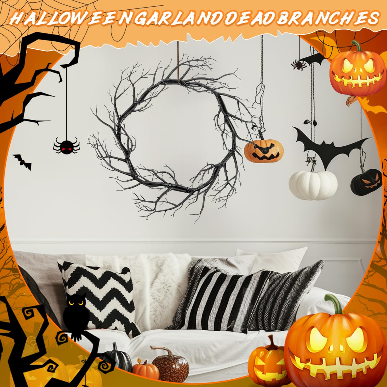 HOODANCOS Black Twig Halloween Wreath Medium Artificial Dead Branch Garland for Indoor Outdoor Party Home Wall Decor Seasonal Halloween Pendant
