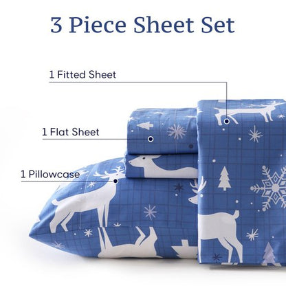 JSD 100% Cotton Sheet Set Queen Size 300 Thread Count, Blue Buffalo Plaid Deer Snowflakes Sateen Bed Sheets Deep Pocket